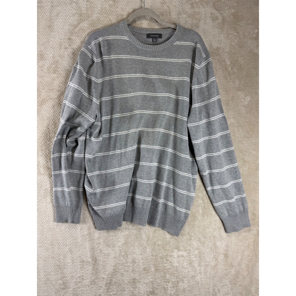 Merona Mens XL Grey White Striped 100% Cotton Crewneck Sweater Long Sleeve